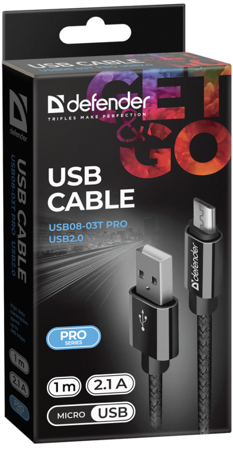 Кабель Defender USB08-03T PRO USB2.0, AM-MicroBM Black, 1m (87802) (6499806) 