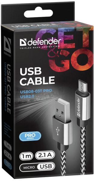 Кабель Defender USB08-03T PRO USB2.0,AM-MicroBM White, 1m (87803) (6499805) 