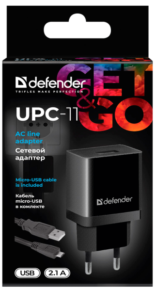 Мережевий зарядний пристрій Defender UPС-11 1xUSB, 5V/2.1А, Кабель micro-USB (83556) (6514095) 