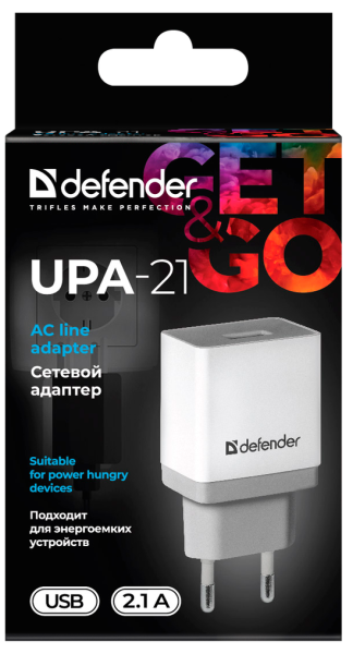 Мережевий зарядний пристрій Defender UPA-21 White, 1xUSB, 5V/2.1A (83571) (6505064) 
