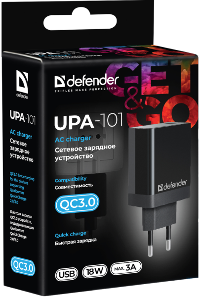 Мережевий зарядний пристрій Defender UPA-101 Black, 1 USB, QC 3.0, 18W (83573) (6710059) 