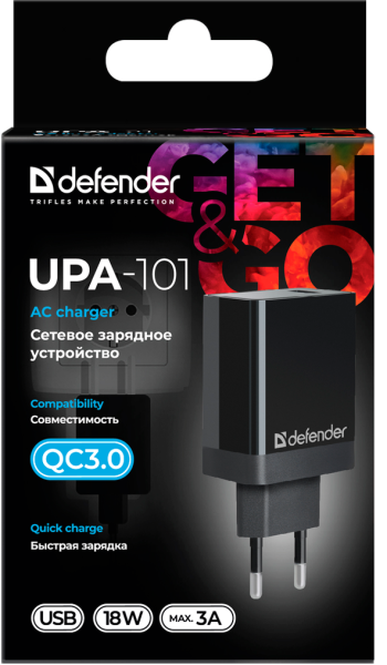 Мережевий зарядний пристрій Defender UPA-101 Black, 1 USB, QC 3.0, 18W (83573) (6710059) 