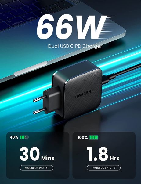Мережевий зарядний пристрій Ugreen CD216 66W 2xType-C PD Charger (Black) (6689270) 