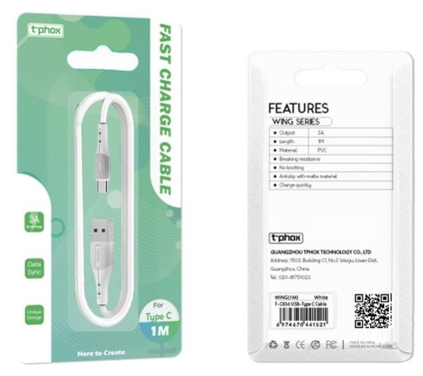 Кабель T-PHOX Wing T-C836 Type-C - 1m (White) (6821499) 