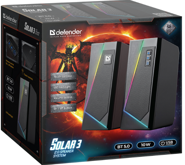 Акустика Defender 2.0 Solar 3 10 W, BT/Light, USB (65103) (6857321) 
