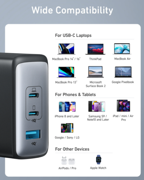 Мережевий зарядний пристрій ANKER PowerPort 736 Nano II - 100W 2xUSB-C PD & 1xPIQ GaN  (6837239) 