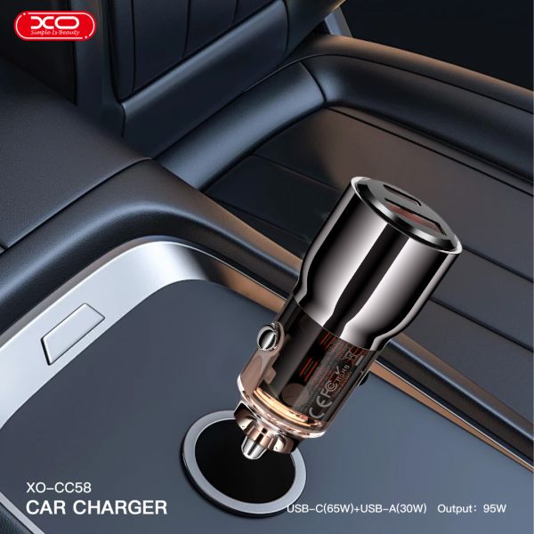 Автомобільний зарядний пристрій XO CC58 95W Car Charger Type-C PD 65W + USB-A 30W (Gray)  (6974562) 