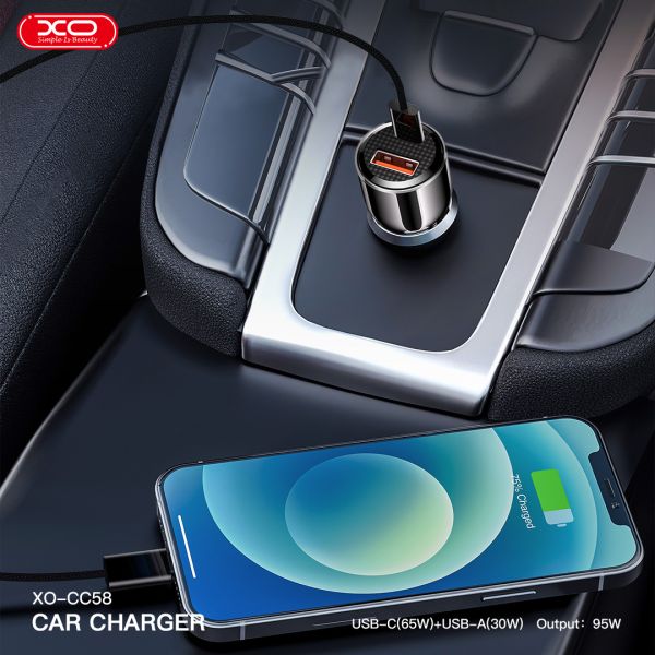 Автомобільний зарядний пристрій XO CC58 95W Car Charger Type-C PD 65W + USB-A 30W (Gray)  (6974562) 