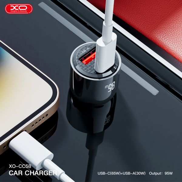 Автомобільний зарядний пристрій XO CC58 95W Car Charger Type-C PD 65W + USB-A 30W (Gray)  (6974562) 