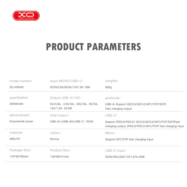 Портативний зарядний пристрій XO PR240 - 30000 mAh PD20W + QC22.5W with light (Black)  (6974644) 