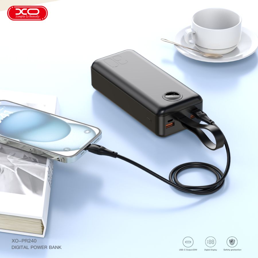 Портативний зарядний пристрій XO PR240 - 30000 mAh PD20W + QC22.5W with light (Black)  (6974644) 