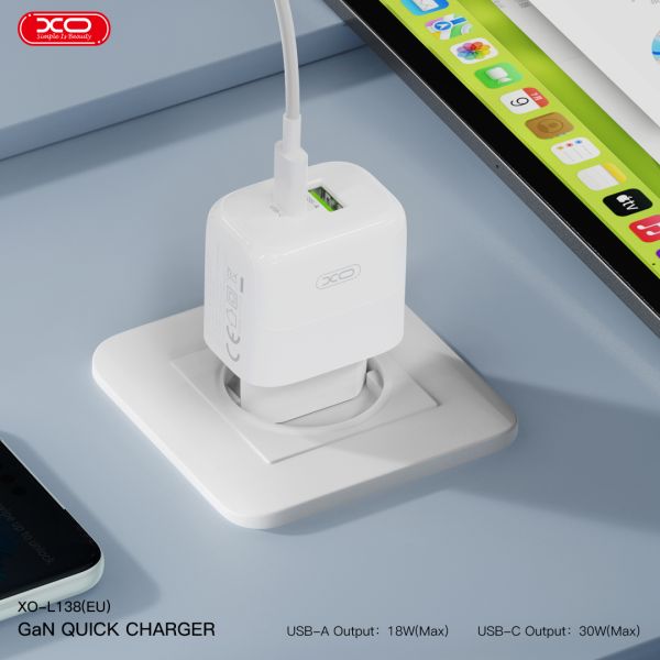 Мережевий зарядний пристрій XO L138 - 30W PD USB-C & 18W QC USB-A White (6974566) 
