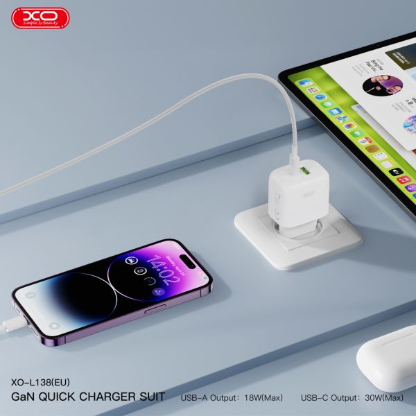 Мережевий зарядний пристрій XO L138 - 30W PD USB-C & 18W QC USB-A White (6974566) 