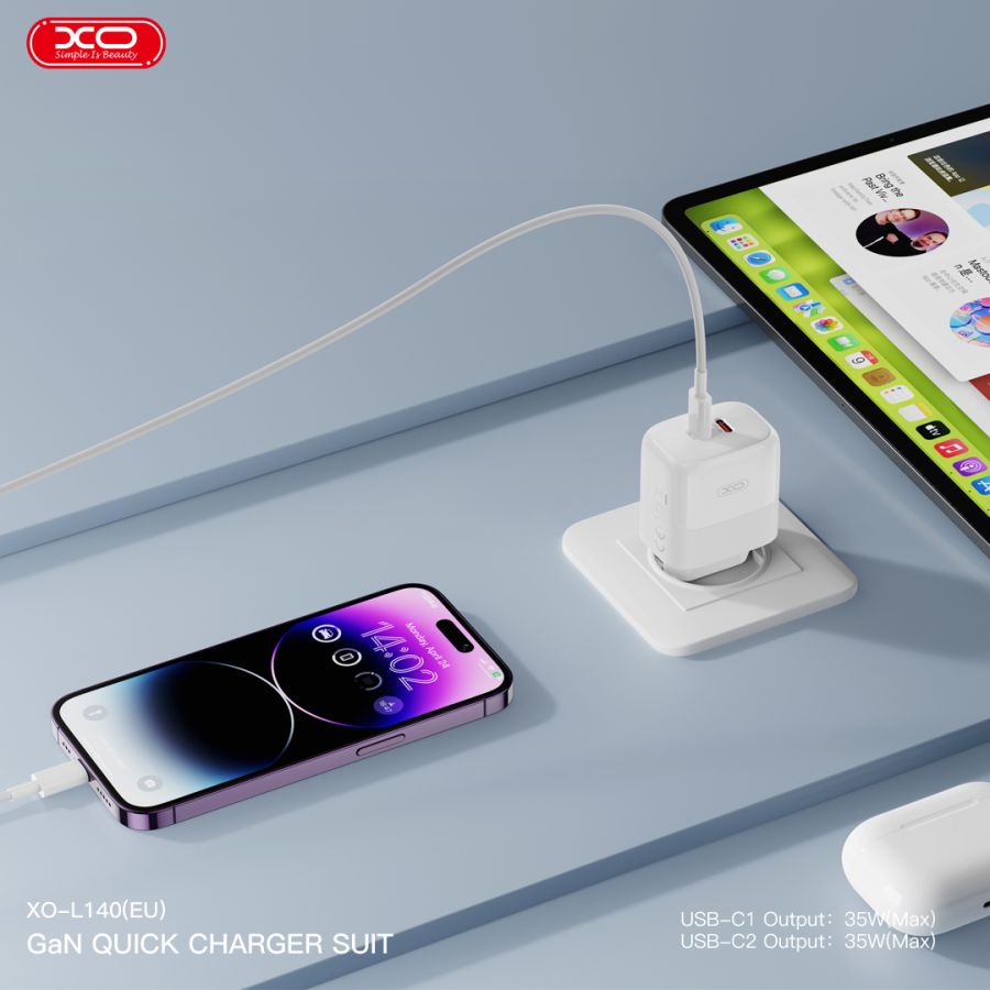Мережевий зардний пристрій XO L140 - 35W PD Dual port USB-C White (6974568) 
