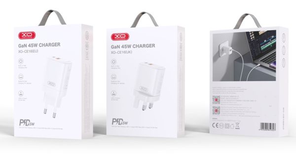 Мережевий зарядний пристрій XO CE16 - 45W PD USB-C & 22.5W QC USB-A White (6978957) 