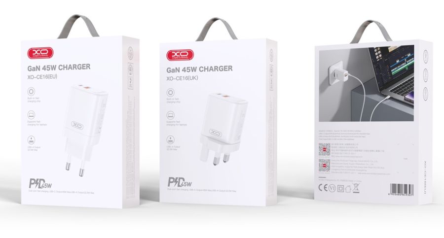 Мережевий зарядний пристрій XO CE16 - 45W PD USB-C & 22.5W QC USB-A White (6978957) 