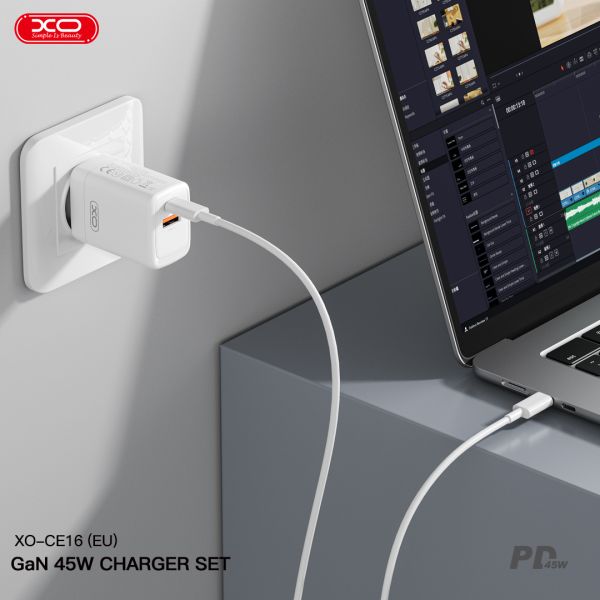 Мережевий зарядний пристрій XO CE16 - 45W PD USB-C & 22.5W QC USB-A White (6978957) 