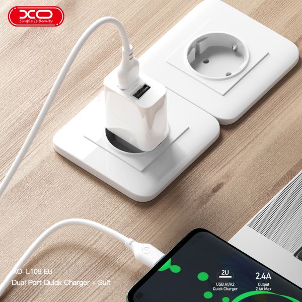 Мережевий зарядний пристрій XO L109 - 12W Dual port USB-A White (6978958) 