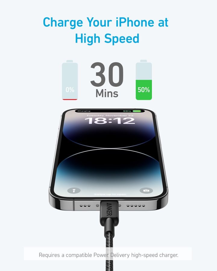 Кабель Anker 322 USB-C to Lightning - 1.8m Nylon Black (7030799) 