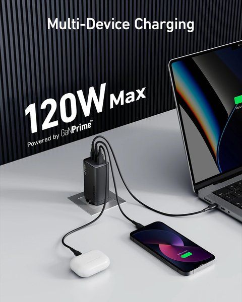 Мережевий зарядний пристрій Anker PowerPort 737 GaNPrime - 120W 2xPD & 1xPIQ PPS/DPDS Black (7079353) 