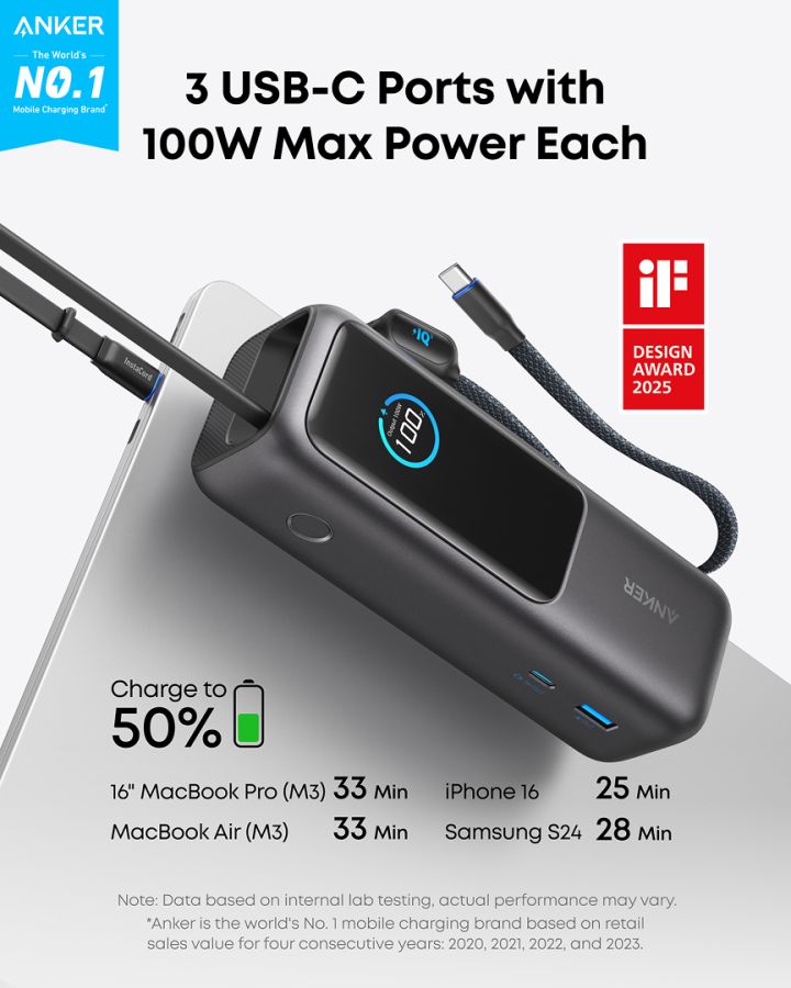 Повербанк Anker Laptop Power Bank 25000mah (165W) PD з вбудованими кабелями USB-C  (Black)