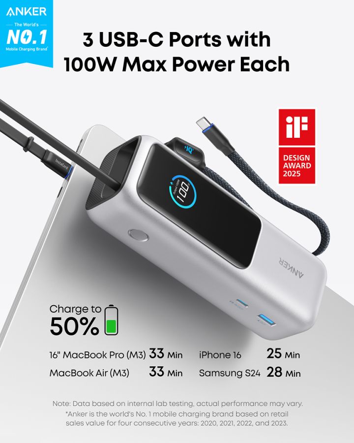 Повербанк Anker Laptop Power Bank 25000mah (165W) PD з вбудованими кабелями USB-C (Silver)