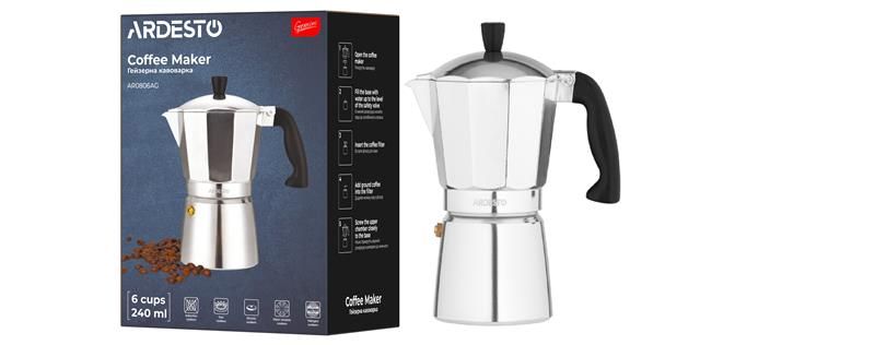 Гейзерна кавоварка Ardesto Gemini Cremona, 0.24л, 6 чашок, алюміній