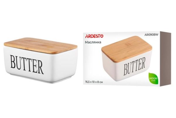 Маслянка Ardesto Midori 16.5х10х8см, кераміка, бамбук, біла