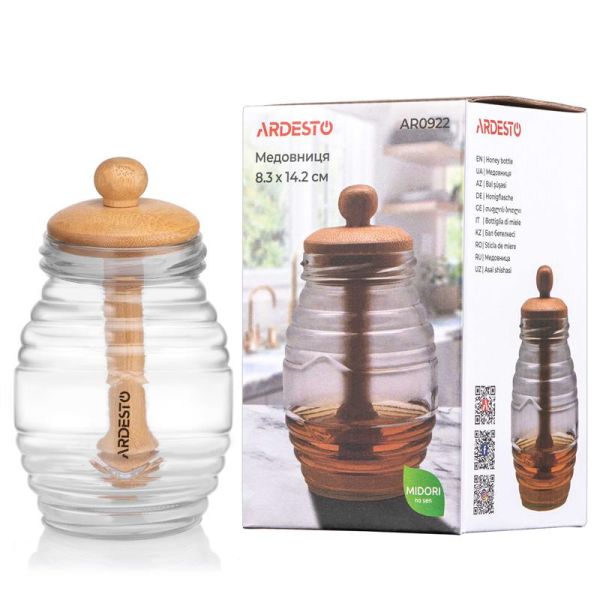 Медовниця Ardesto Midori 500мл, 8.3х14.2см, бамбук, скло