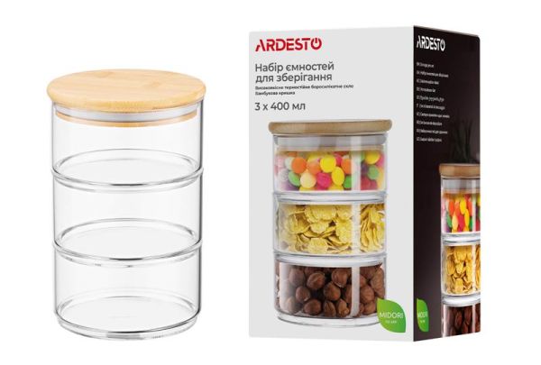 Набір ємностей для зберігання Ardesto Midori, 3х400мл, боросилікатне скло, бамбук, прозорий