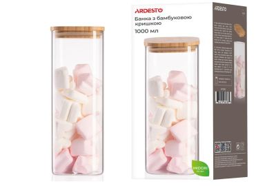 Банка для зберігання Ardesto Midori, 1000мл, скло, бамбук, квадратна, прозорий