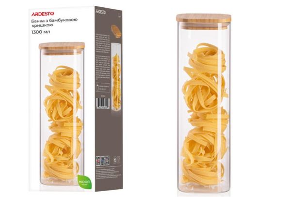 Банка для зберігання Ardesto Midori, 1300мл, скло, бамбук, квадратна, прозорий