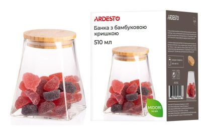 Банка для зберігання Ardesto Midori, 510мл, скло, бамбук, конусна, прозорий