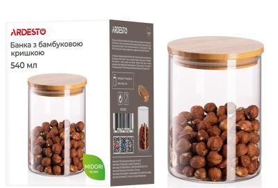 Банка для зберігання Ardesto Midori, 540мл, скло, бамбук, кругла, прозорий