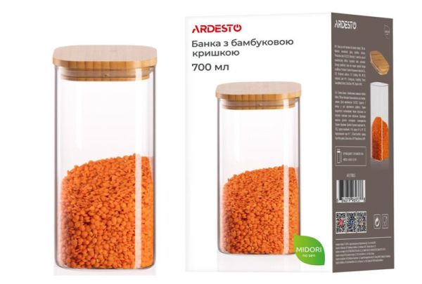 Банка для зберігання Ardesto Midori, 700мл, скло, бамбук, квадратна, прозорий