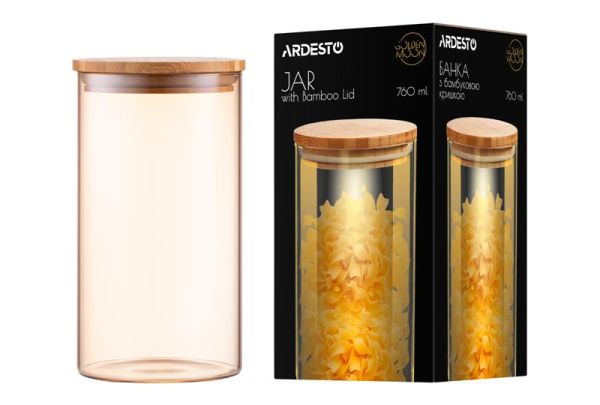 Банка для зберігання Ardesto Golden Moon, 760мл, скло, бамбук, кругла, золотистий