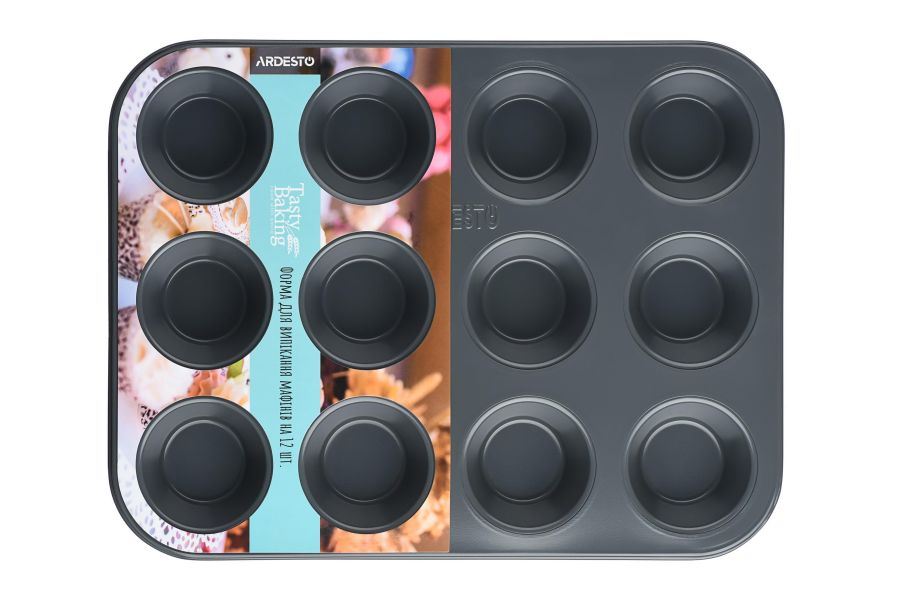 Форма для випікання мафінів Ardesto Tasty baking, 35х26.5х3см, 12шт, вуглецева сталь, сіро-блакитний