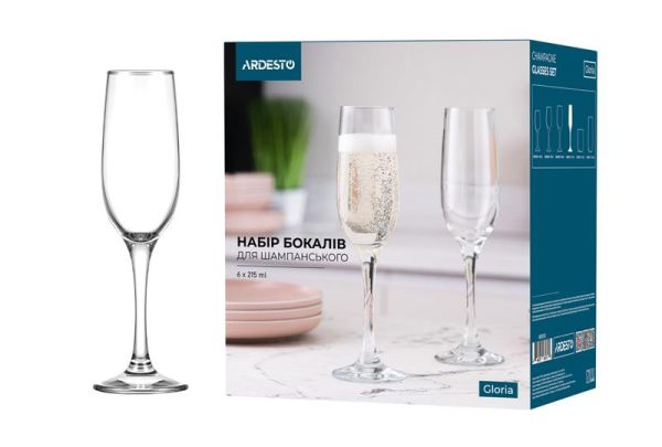 Набір келихів для шампанського Ardesto Gloria, 215мл, 6шт, скло, прозорий
