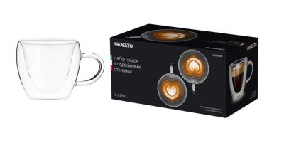 Набір чашок з ручками з подвійними стінками Ardesto, 250мл, 9.5см, 2шт, боросилікатне скло, прозорий