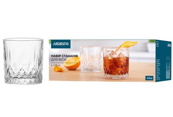 Набір склянок для віскі Ardesto Alba, 330мл, 6шт, скло, прозорий