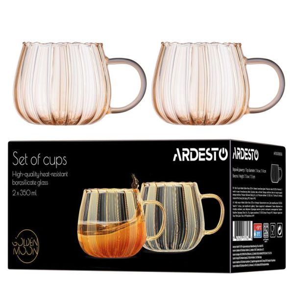 Набір чашок з ручками Ardesto Golden Moon 350мл, 2шт, боросилікатне скло, прозорий