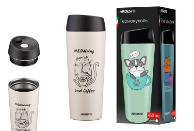 Термокухоль Ardesto Coffee Time Meowning, 450мл, нержавіюча сталь, бежевий