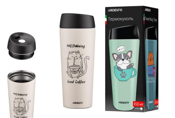 Термокухоль Ardesto Coffee Time Meowning, 450мл, нержавіюча сталь, бежевий