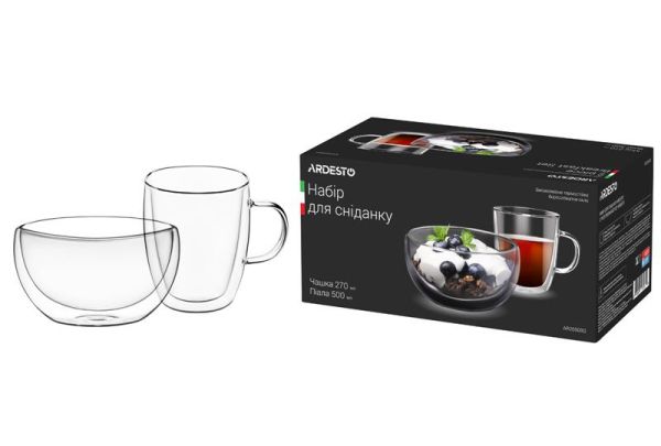 Набір для сніданку чашка і піала з подвійними стінками Ardesto, 270мл, 500мл, боросилікатне скло, прозорий
