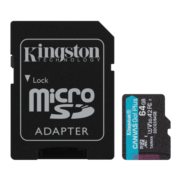 Карта памяти Kingston CANVAS Go! Plus 64GB microSDXC + SD-адаптер C10 UHS-I U3 A2 R170/W70MB/s