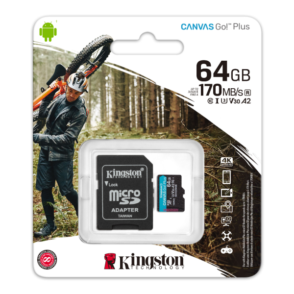Карта памяти Kingston CANVAS Go! Plus 64GB microSDXC + SD-адаптер C10 UHS-I U3 A2 R170/W70MB/s