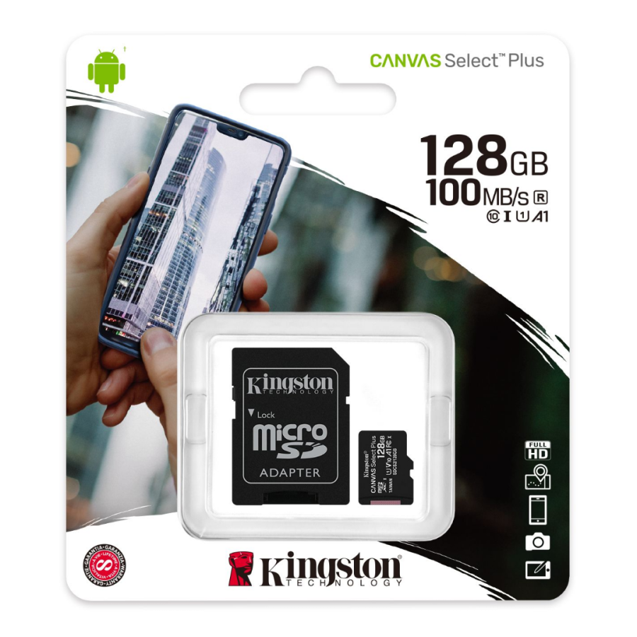 Карта памʼятi Kingston CANVAS Select Plus 128GB microSDXC + SD-адаптер C10 UHS-I U1 V10 A1 R100/W10MB/s