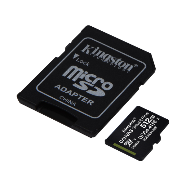 Карта памяти Kingston CANVAS Select Plus 512GB microSDXC + SD-адаптер C10 UHS-I U3 V30 A1 R100/W85MB/s