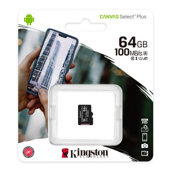 Карта памʼятi Kingston CANVAS Select Plus 64GB microSDXC C10 UHS-I U1 V10 A1 R100/W10MB/s