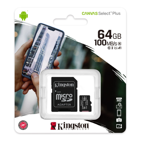 Карта памяти Kingston CANVAS Select Plus 64GB microSDXC + SD-адаптер C10 UHS-I U1 V10 A1 R100/W10MB/s